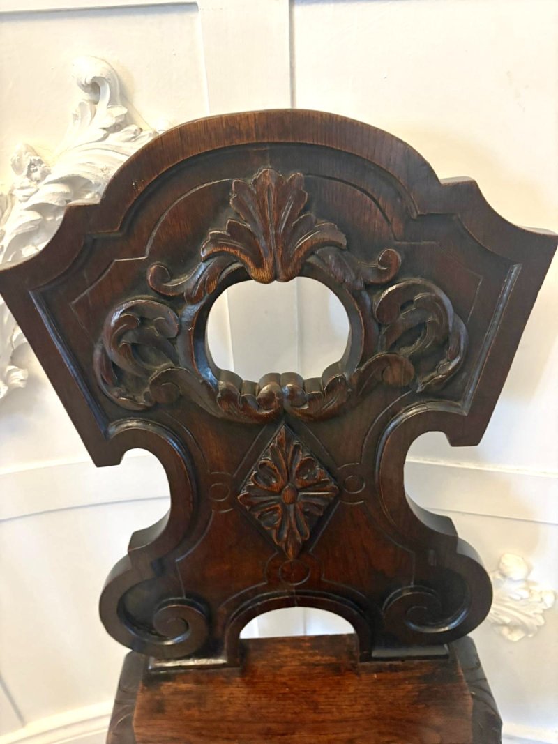 Pair of Antique Victorian Quality Carved Oak Hall Chairs - Image 11